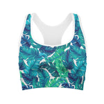 Teal Tropical Leaf Pattern Print Women's Sports Bra