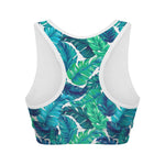 Teal Tropical Leaf Pattern Print Women's Sports Bra