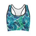 Teal Tropical Leaf Pattern Print Women's Sports Bra