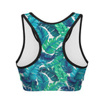 Teal Tropical Leaf Pattern Print Women's Sports Bra