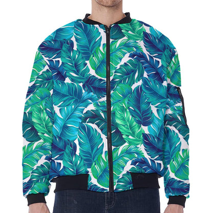 Teal Tropical Leaf Pattern Print Zip Sleeve Bomber Jacket