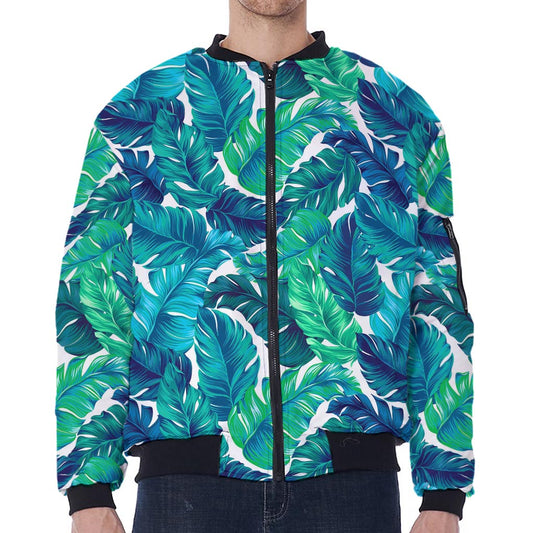 Teal Tropical Leaf Pattern Print Zip Sleeve Bomber Jacket
