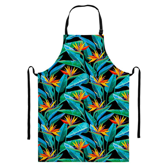 Teal Tropical Pattern Print Bib Apron With Pocket