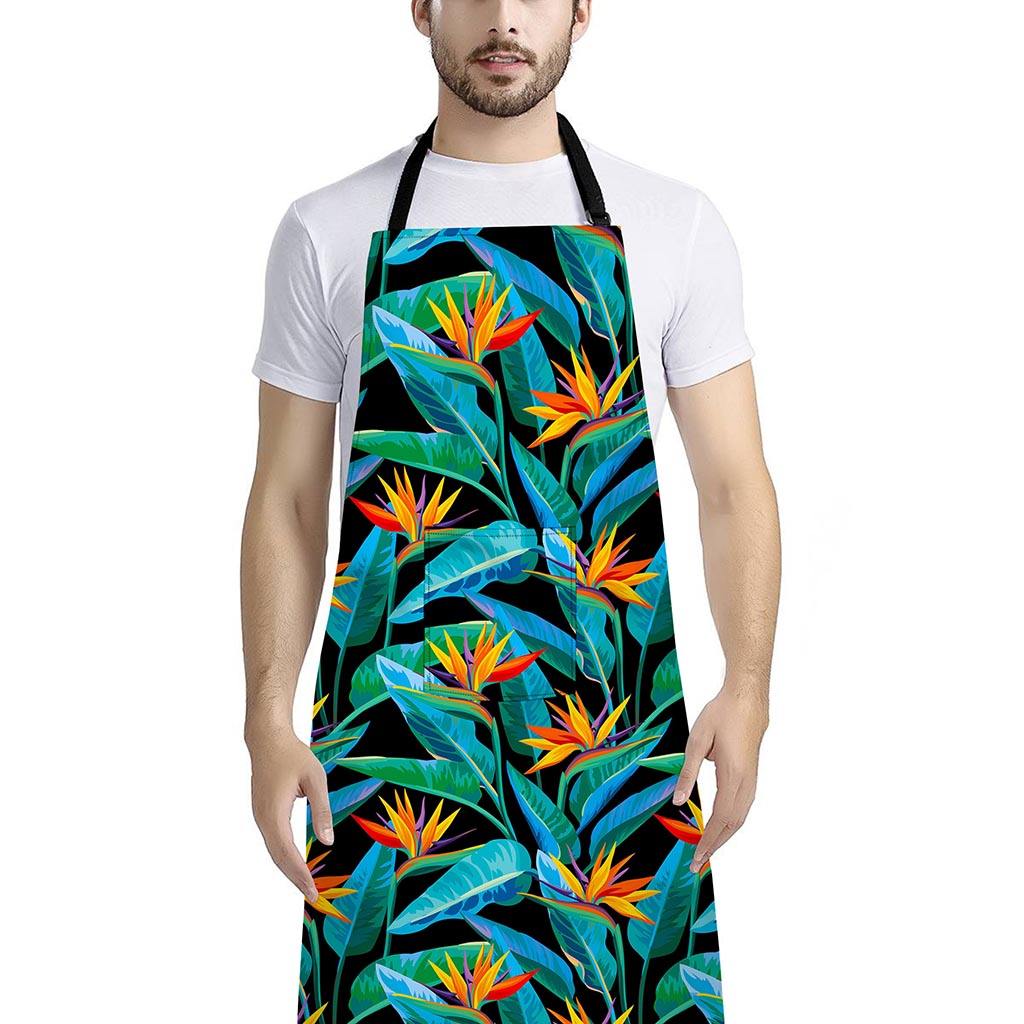 Teal Tropical Pattern Print Bib Apron With Pocket