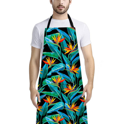 Teal Tropical Pattern Print Bib Apron With Pocket