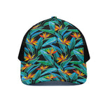 Teal Tropical Pattern Print Black Mesh Trucker Cap