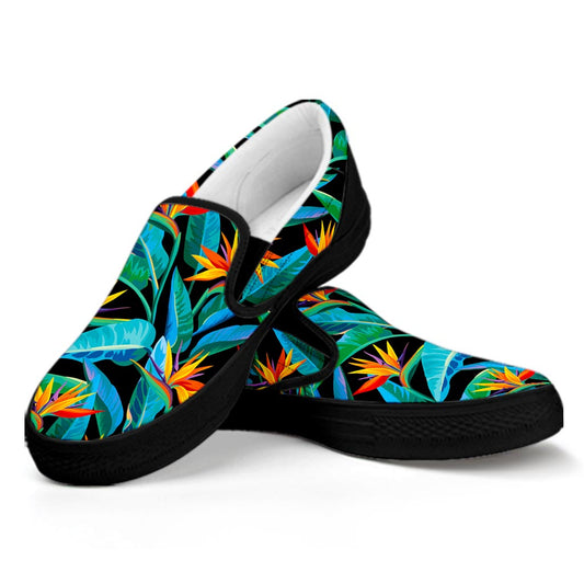 Teal Tropical Pattern Print Black Slip On Sneakers