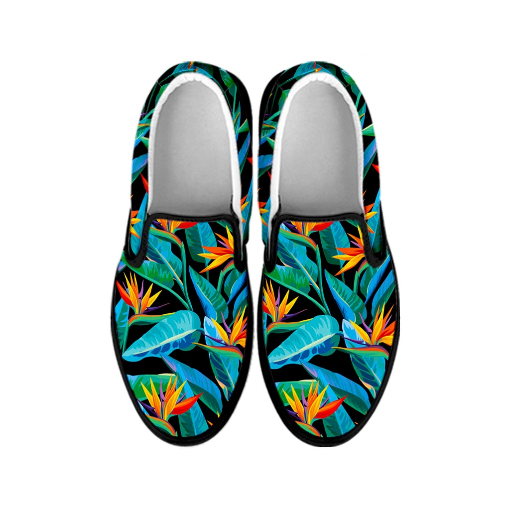 Teal Tropical Pattern Print Black Slip On Sneakers