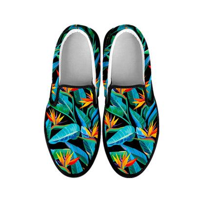 Teal Tropical Pattern Print Black Slip On Sneakers