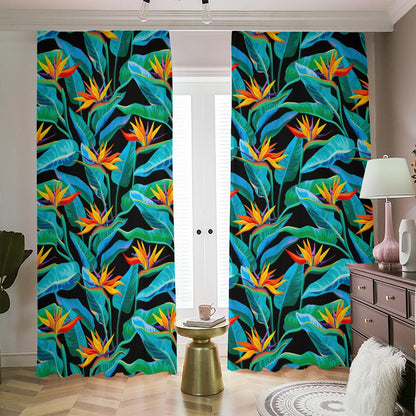 Teal Tropical Pattern Print Blackout Pencil Pleat Curtains