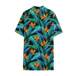 Teal Tropical Pattern Print Cotton Hawaiian Shirt