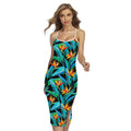 Teal Tropical Pattern Print Cross Back Cami Dress