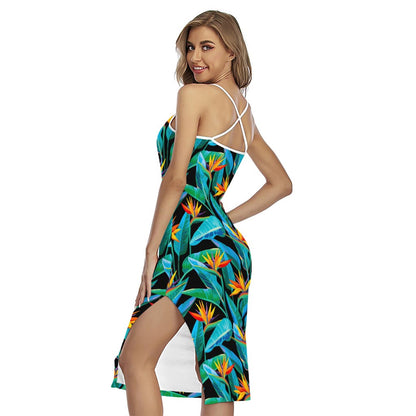 Teal Tropical Pattern Print Cross Back Cami Dress