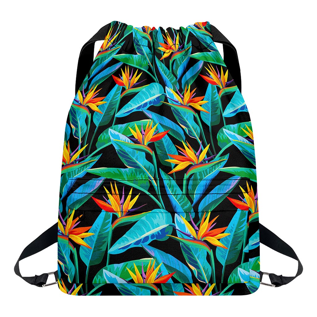 Teal Tropical Pattern Print Drawstring Backpack