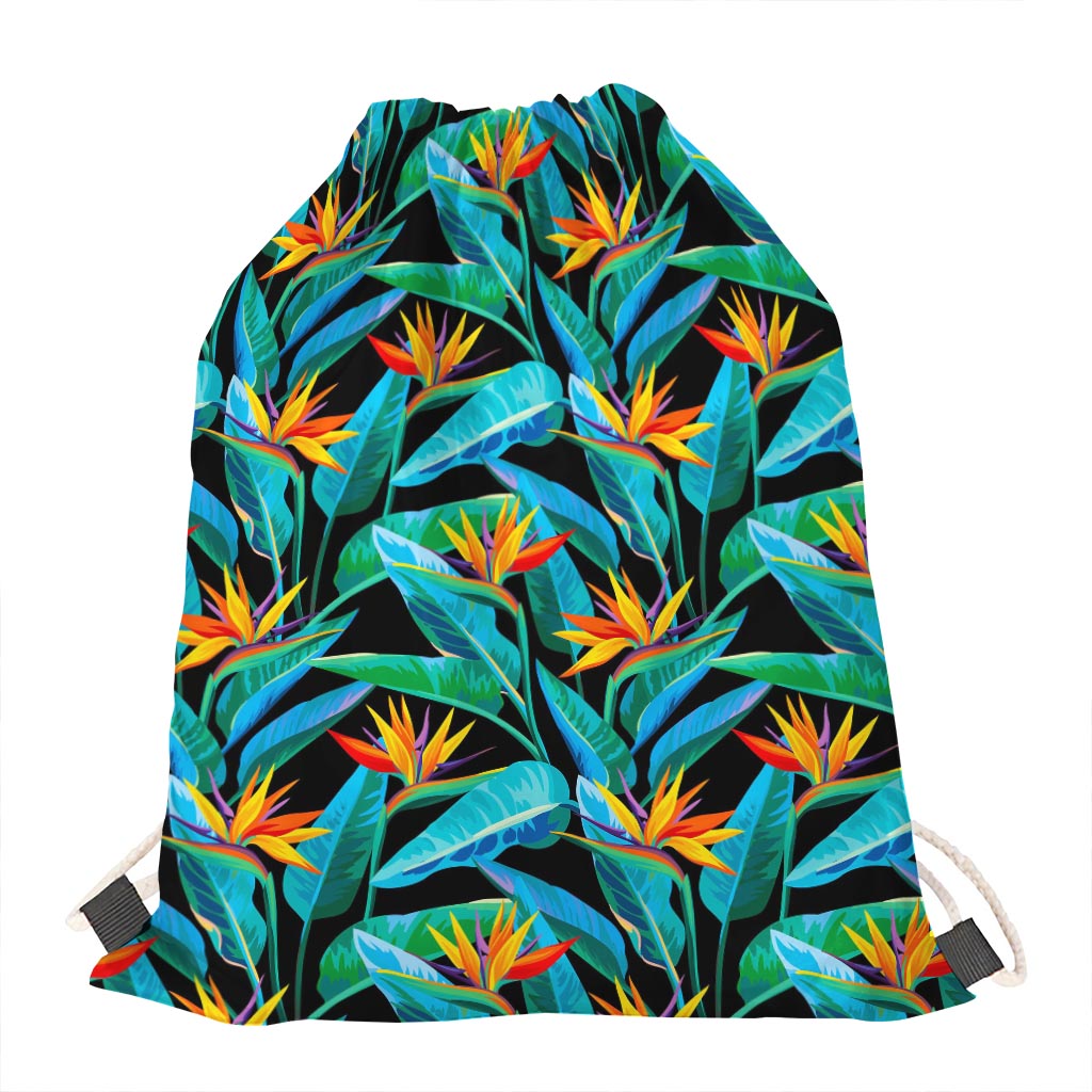 Teal Tropical Pattern Print Drawstring Bag