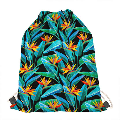 Teal Tropical Pattern Print Drawstring Bag