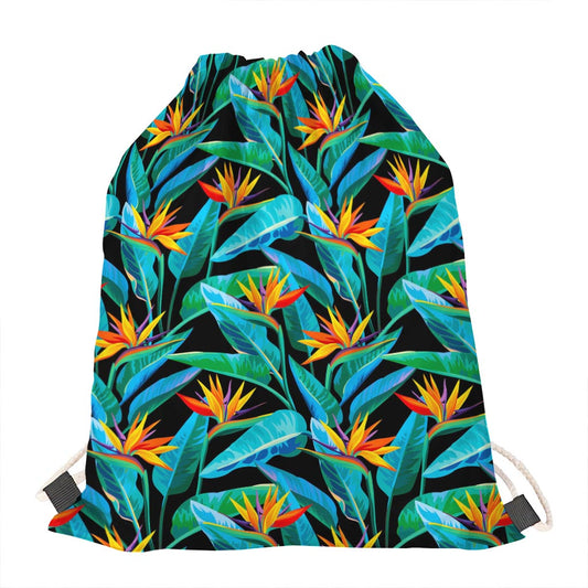 Teal Tropical Pattern Print Drawstring Bag