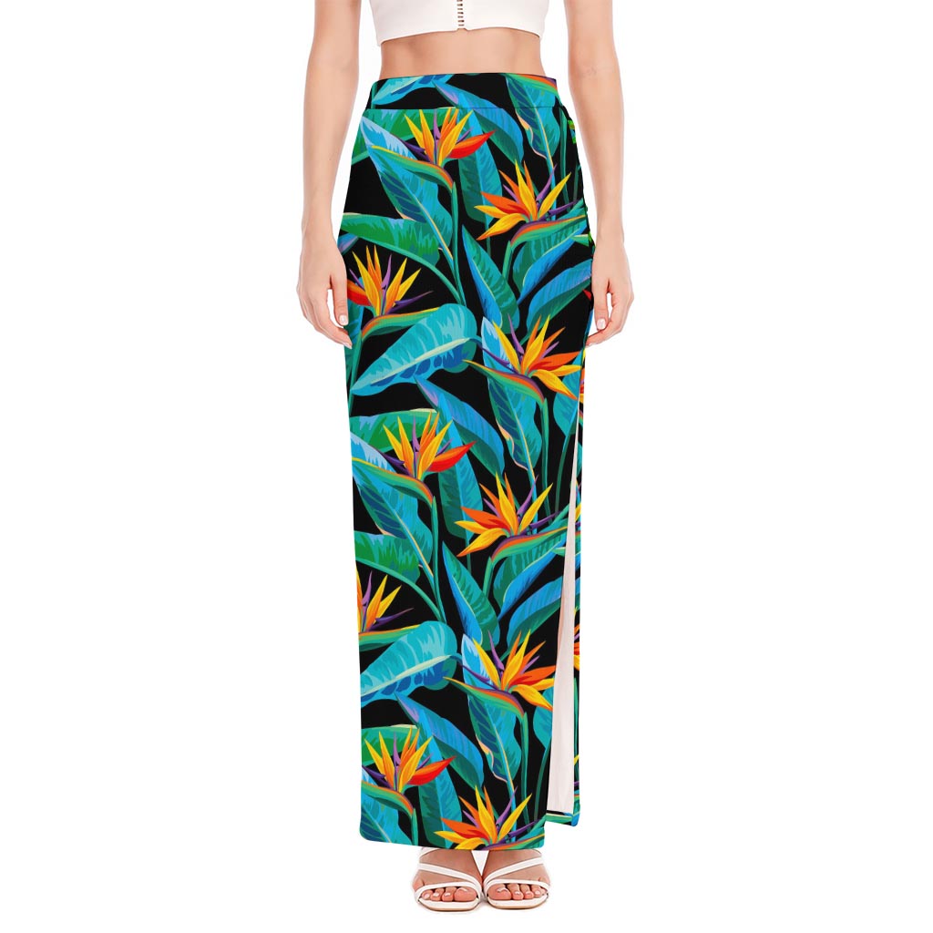 Teal Tropical Pattern Print High Slit Maxi Skirt