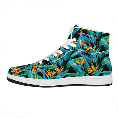 Teal Tropical Pattern Print High Top Leather Sneakers