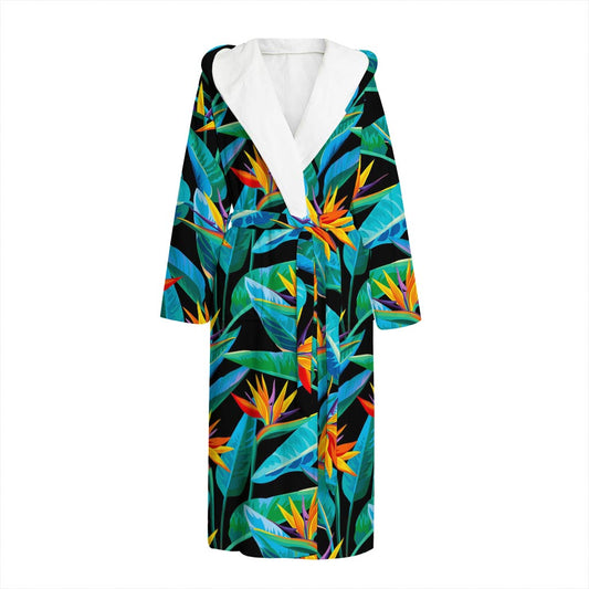 Teal Tropical Pattern Print Hooded Bathrobe
