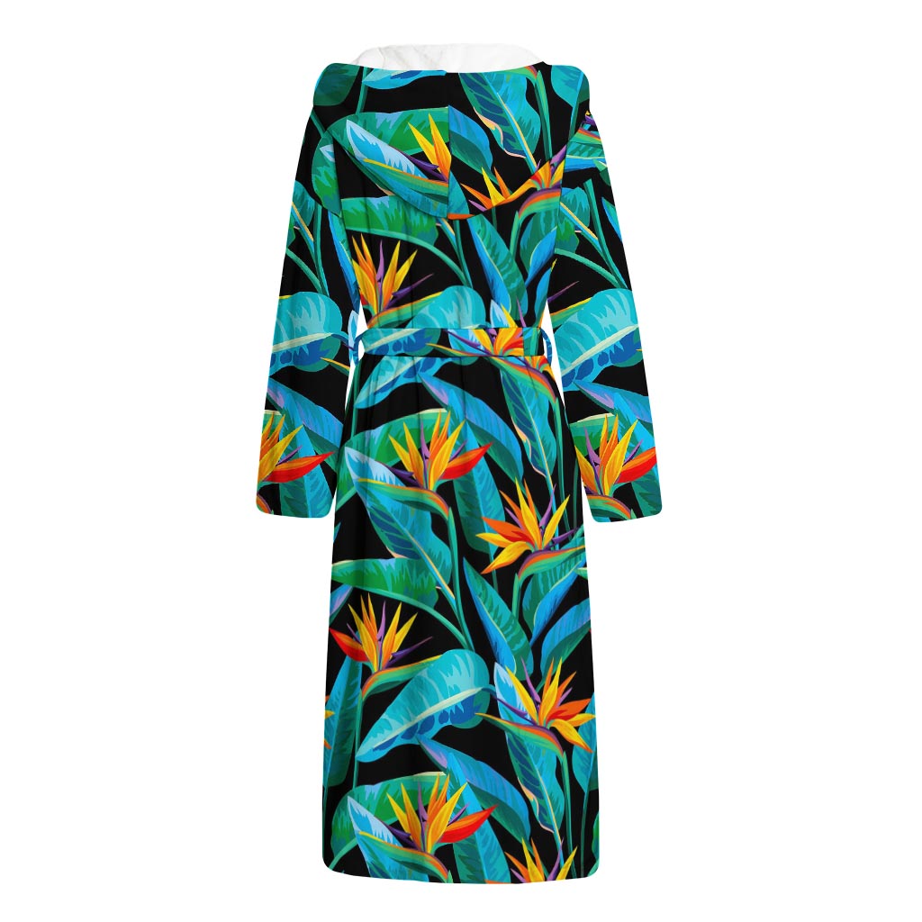 Teal Tropical Pattern Print Hooded Bathrobe