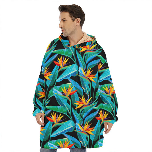 Teal Tropical Pattern Print Hoodie Blanket