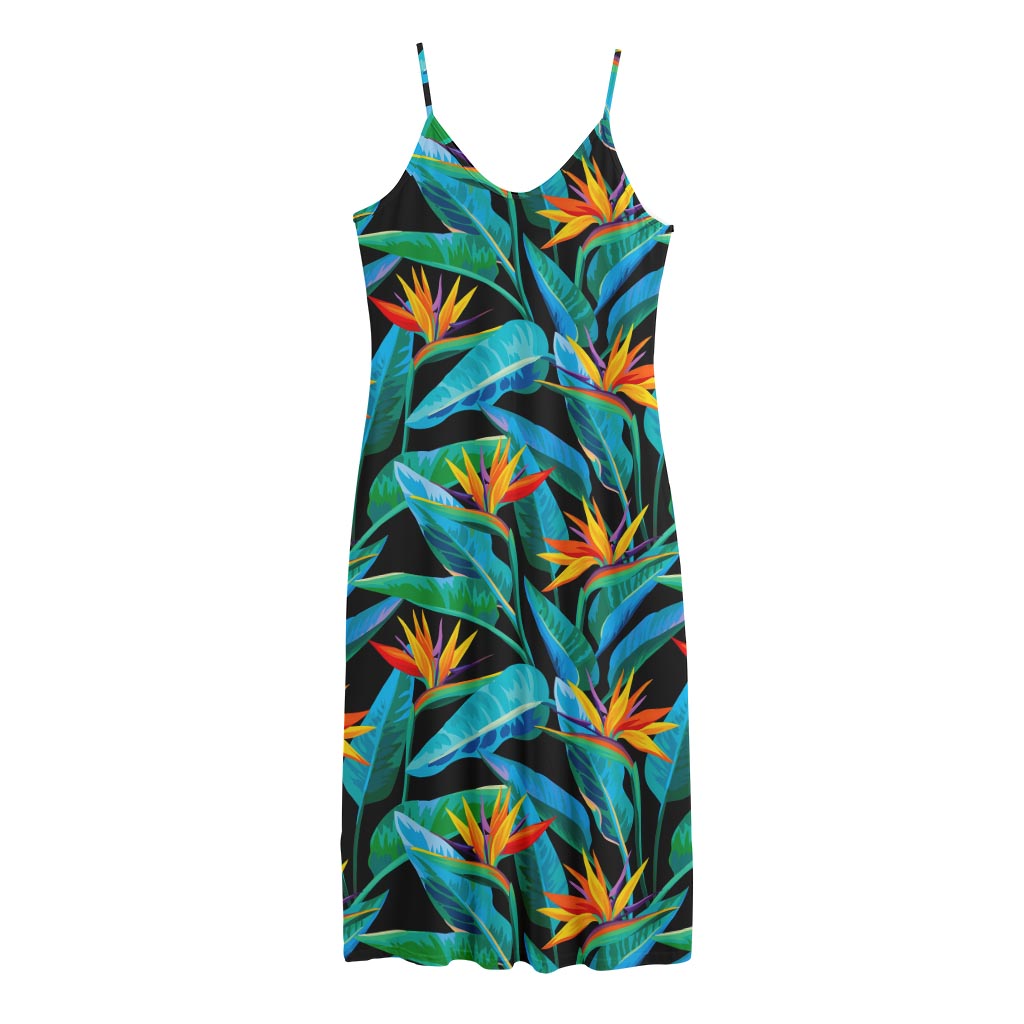 Teal Tropical Pattern Print Jersey Midi Cami Dress