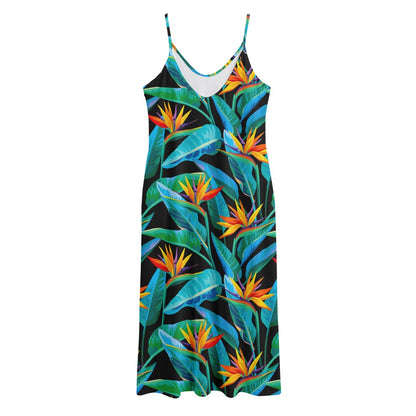Teal Tropical Pattern Print Jersey Midi Cami Dress