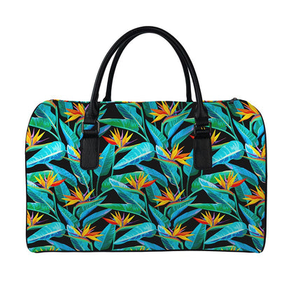 Teal Tropical Pattern Print Leather Duffle Bag