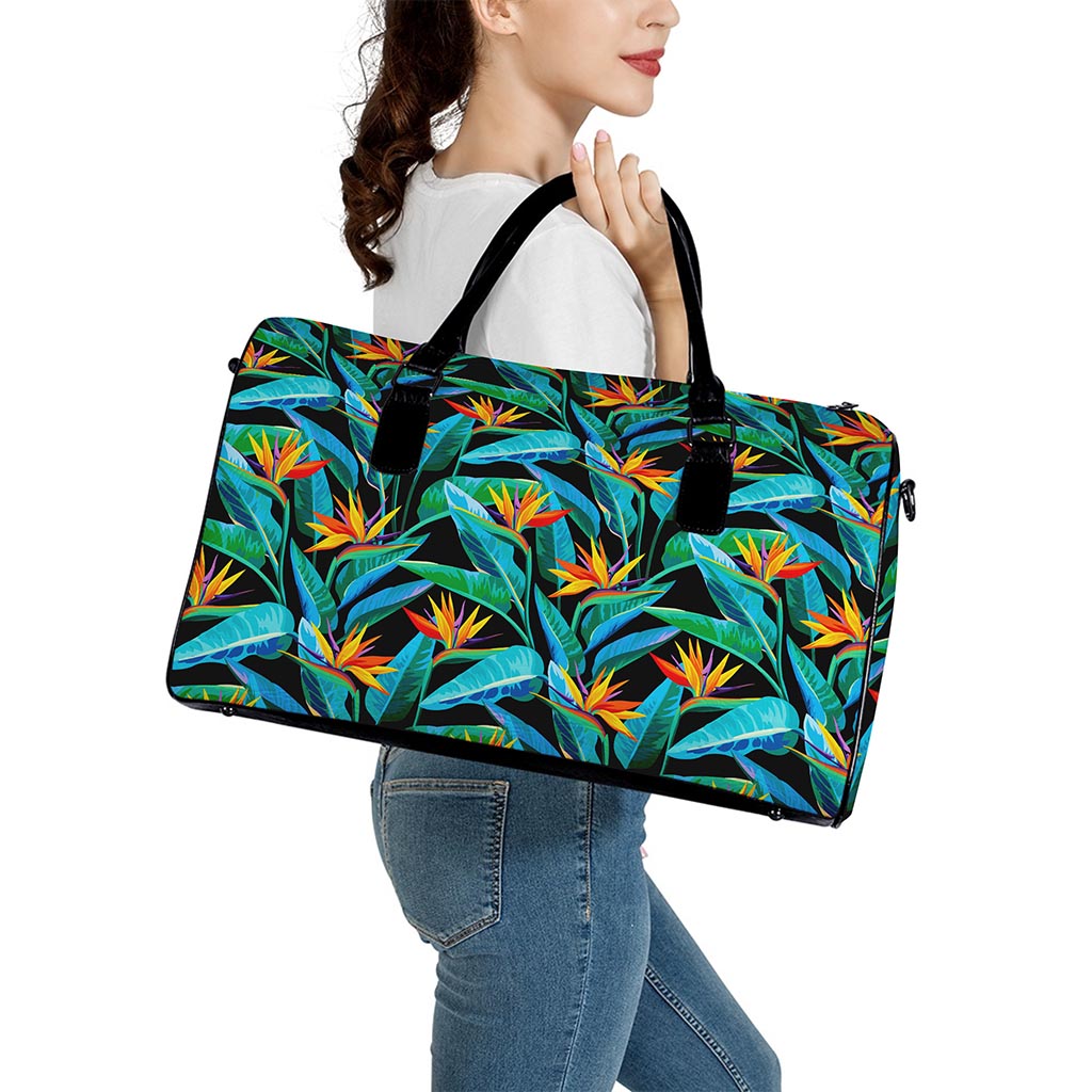 Teal Tropical Pattern Print Leather Duffle Bag