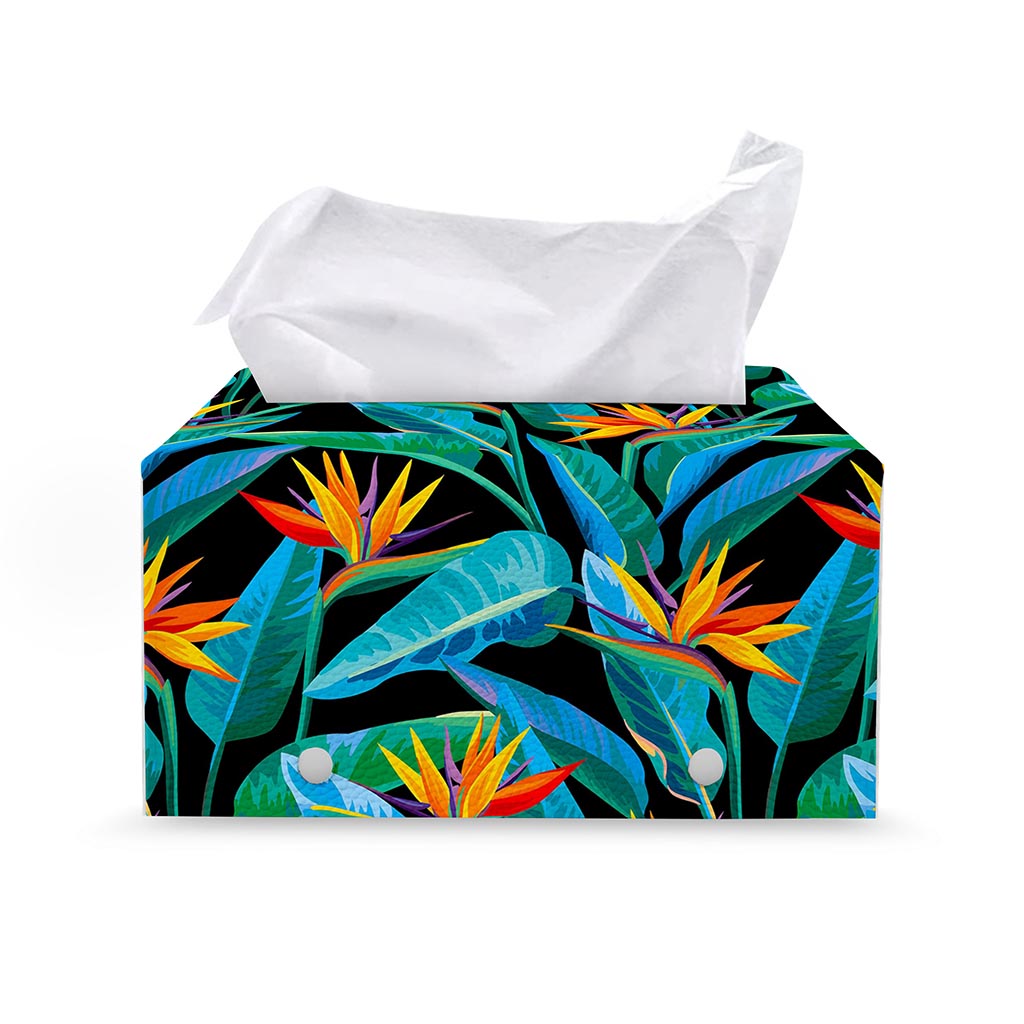 Teal Tropical Pattern Print Leather Tissue Box Cover