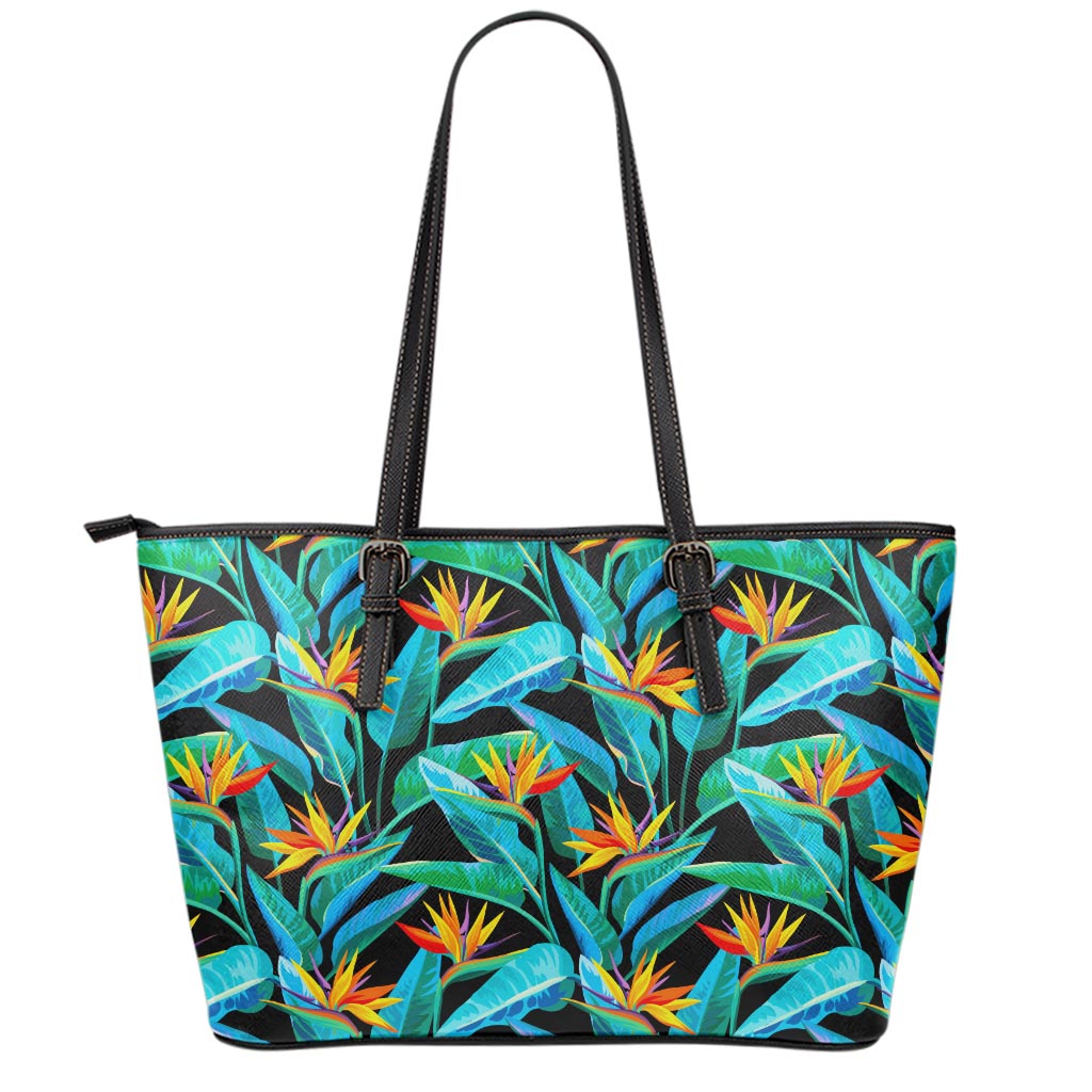 Teal Tropical Pattern Print Leather Tote Bag