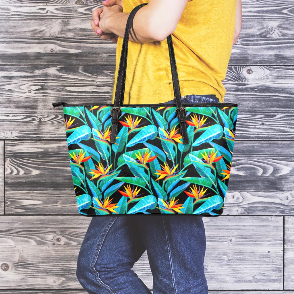 Teal Tropical Pattern Print Leather Tote Bag