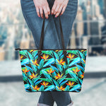 Teal Tropical Pattern Print Leather Tote Bag
