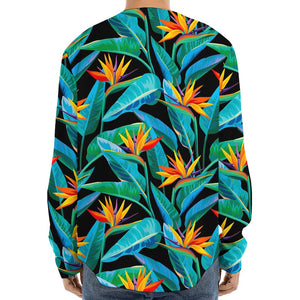 Teal Tropical Pattern Print Long Sleeve Baseball Jersey