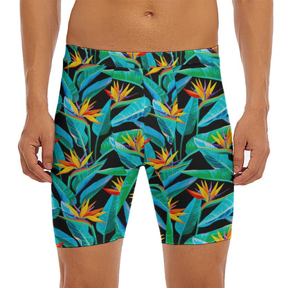 Teal Tropical Pattern Print Men's Long Boxer Briefs