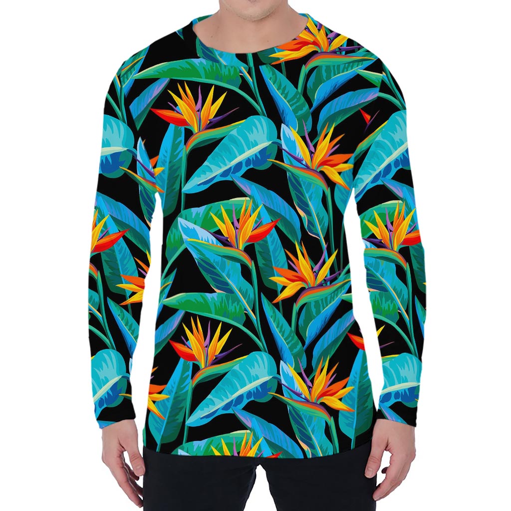 Teal Tropical Pattern Print Men's Long Sleeve T-Shirt