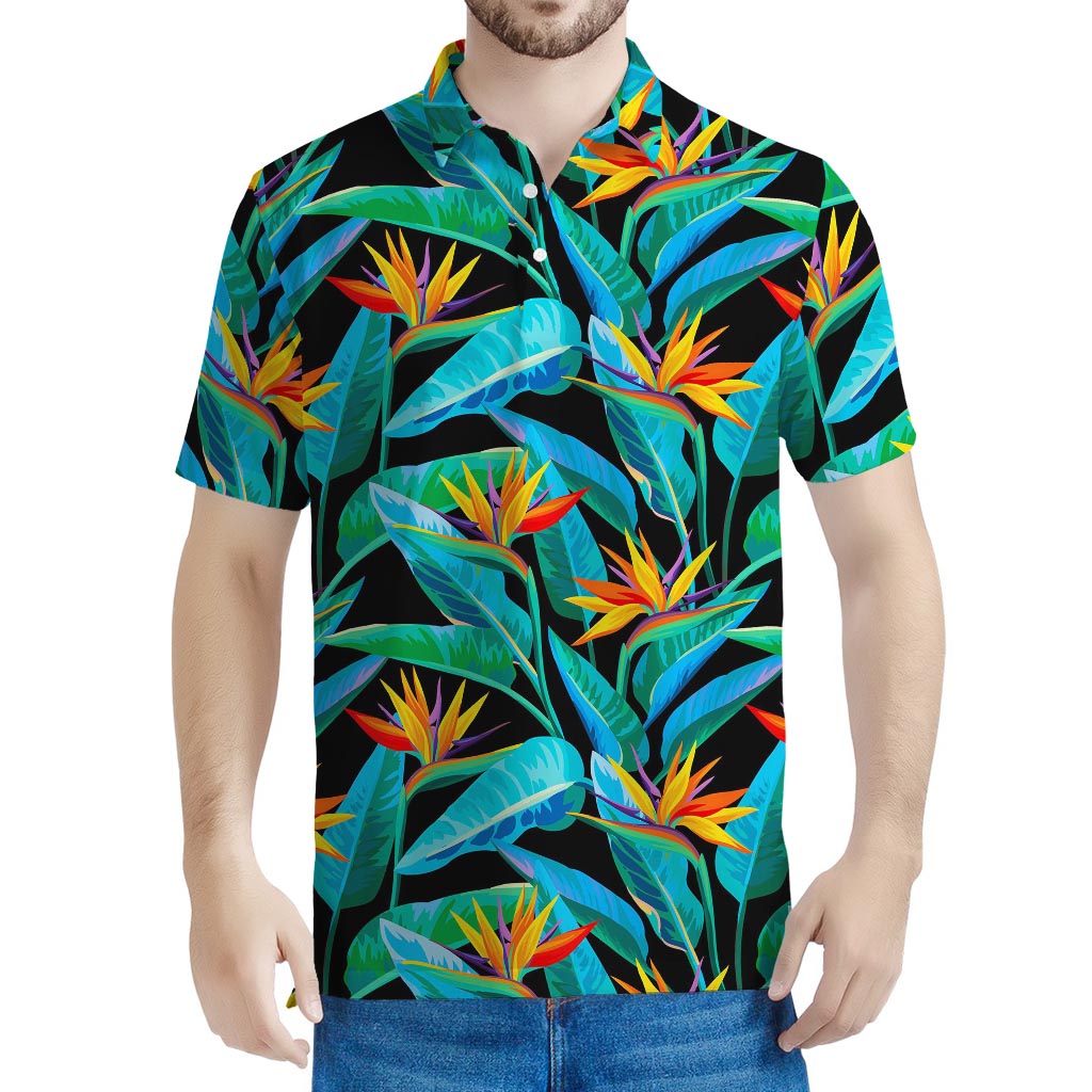 Teal Tropical Pattern Print Men's Polo Shirt
