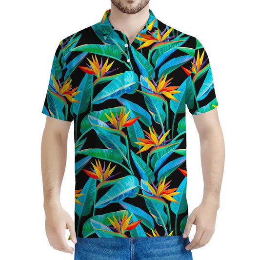 Teal Tropical Pattern Print Men's Polo Shirt