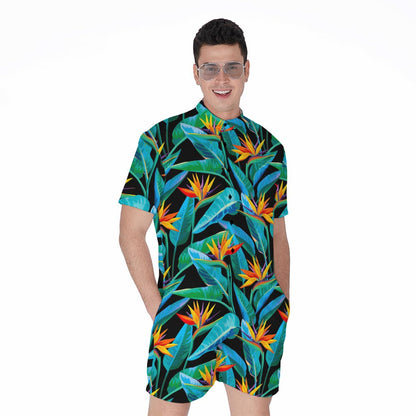 Teal Tropical Pattern Print Men's Rompers