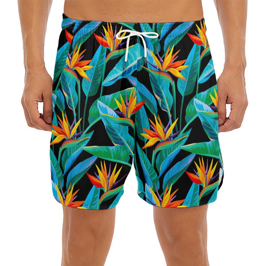 Teal Tropical Pattern Print Men's Split Running Shorts