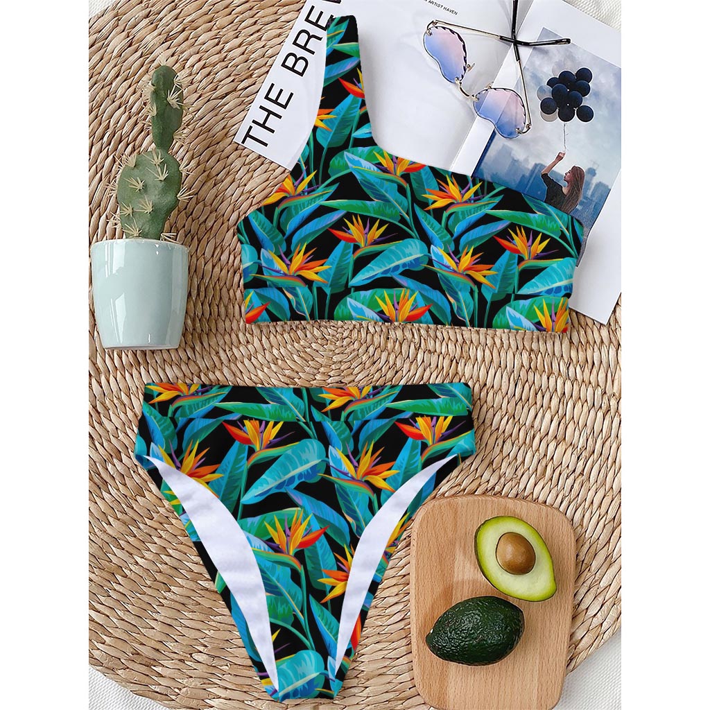 Teal Tropical Pattern Print One Shoulder Bikini Top