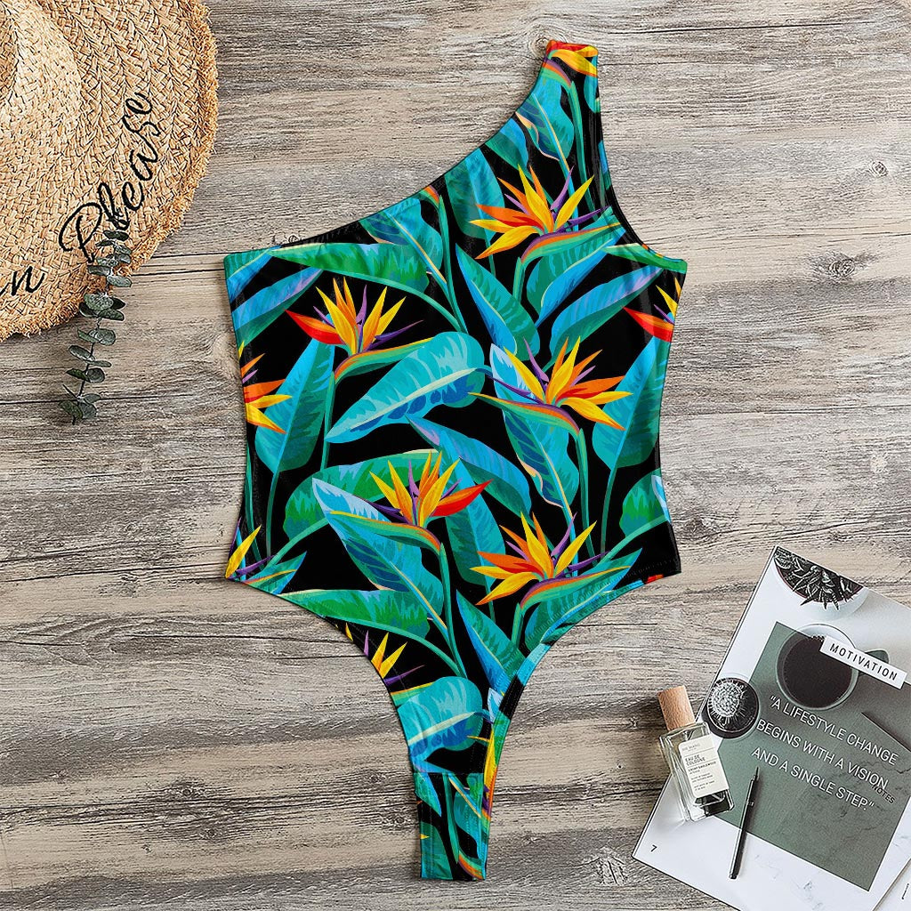 Teal Tropical Pattern Print One Shoulder Bodysuit