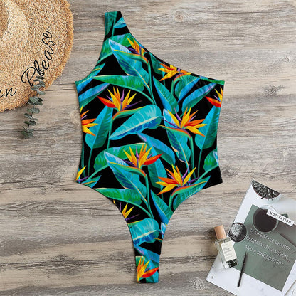 Teal Tropical Pattern Print One Shoulder Bodysuit