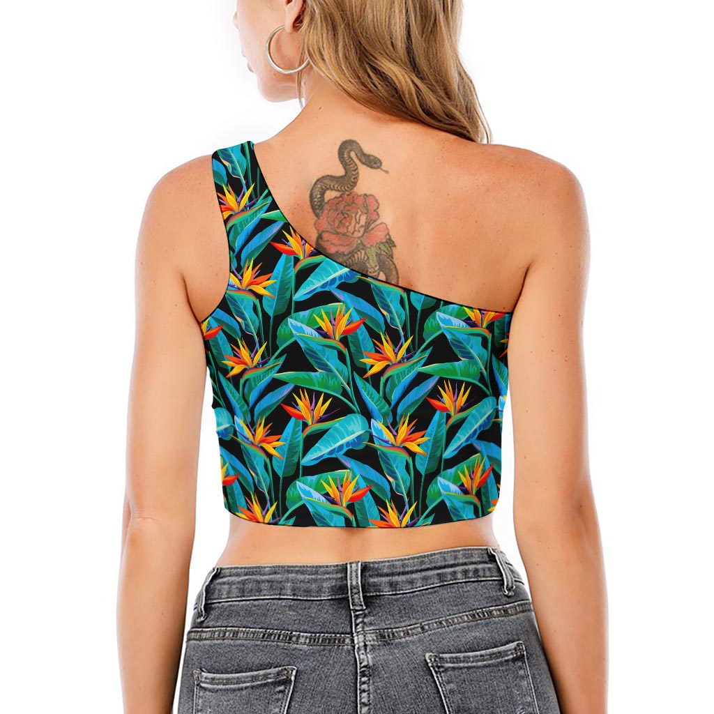 Teal Tropical Pattern Print One Shoulder Crop Top