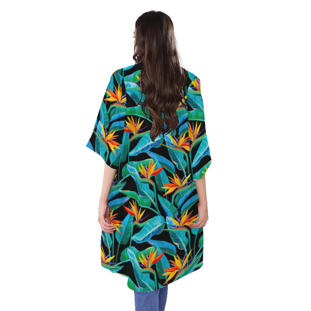 Teal Tropical Pattern Print Open Front Beach Cover Up