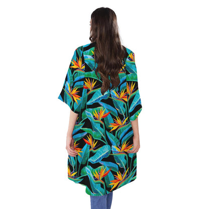 Teal Tropical Pattern Print Open Front Beach Cover Up