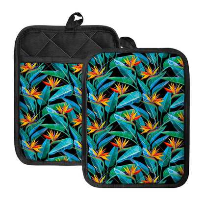 Teal Tropical Pattern Print Pot Holders With Pocket