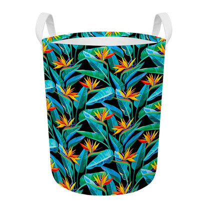 Teal Tropical Pattern Print Round Laundry Basket