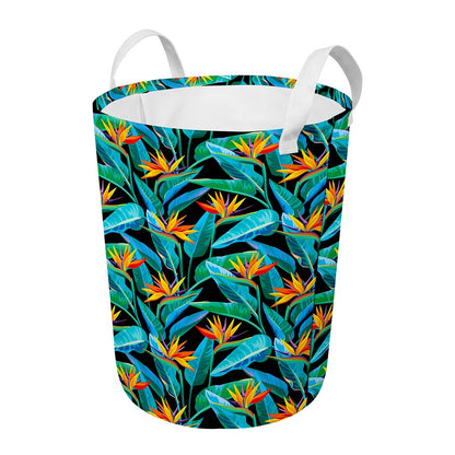 Teal Tropical Pattern Print Round Laundry Basket
